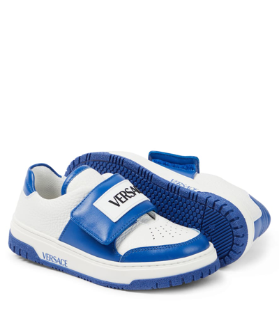 Shop Versace Leather Sneakers In Blue