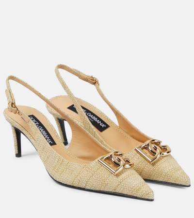 Shop Dolce & Gabbana Logo Raffia Slingback Pumps In Brown