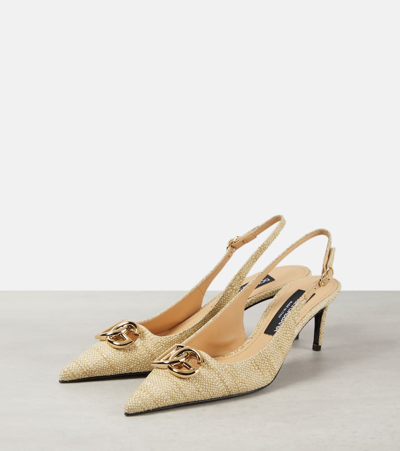 Shop Dolce & Gabbana Logo Raffia Slingback Pumps In Brown