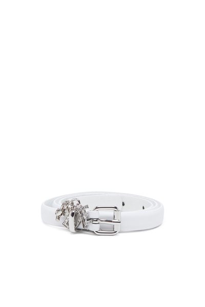 Shop Diesel Leather Belt With Crystal Logo Charms In Bianco
