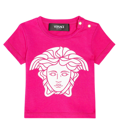 Shop Versace Baby Logo Cotton Jersey T-shirt In Fuxia+bianco