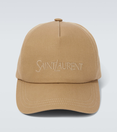 Shop Saint Laurent Logo Cotton And Linen Gabardine Baseball Cap In Beige