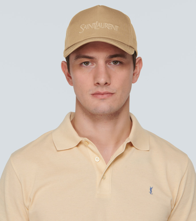 Shop Saint Laurent Logo Cotton And Linen Gabardine Baseball Cap In Beige