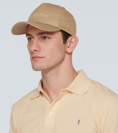 Shop Saint Laurent Logo Cotton And Linen Gabardine Baseball Cap In Beige