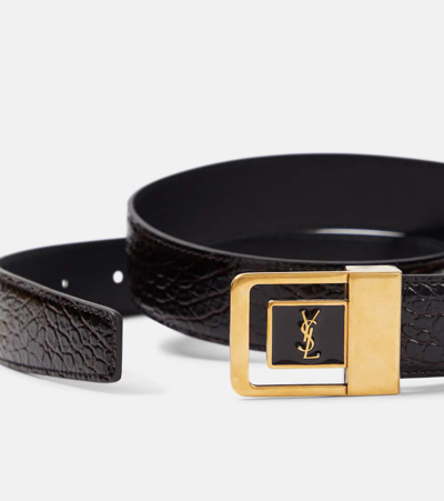 Shop Saint Laurent La 66 Croc-effect Leather Belt In Brown