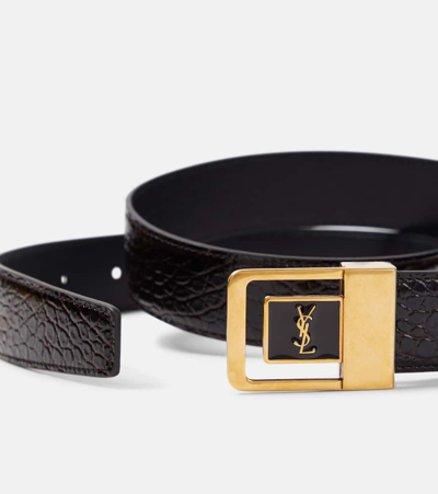 Saint Laurent Logo Croc-effect Leather Belt In Brown