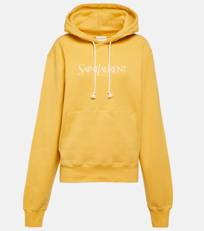 Shop Saint Laurent Logo Cotton Jersey Hoodie In Yellow