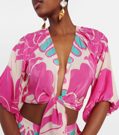 Shop Adriana Degreas Printed Puff-sleeve Silk Blouse In Multicoloured