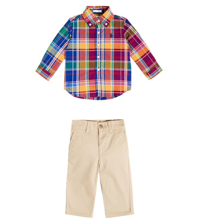 Shop Polo Ralph Lauren Baby Cotton Shirt And Pants Set In Red