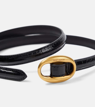 Shop Saint Laurent Croc-effect Leather Belt In Black