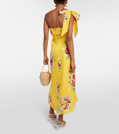 Shop Zimmermann One-shoulder Floral Linen Midi Dress In Yellow