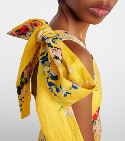 Shop Zimmermann One-shoulder Floral Linen Midi Dress In Yellow