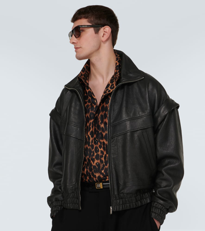 Saint Laurent Distressed Leather Bomber Jacket In Black