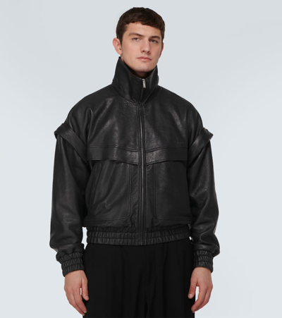Shop Saint Laurent Distressed Leather Bomber Jacket In Black