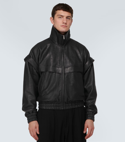 Saint Laurent Distressed Leather Bomber Jacket In Black