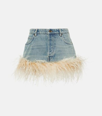 Shop Miu Miu Feather-trimmed Denim Miniskirt In Blue