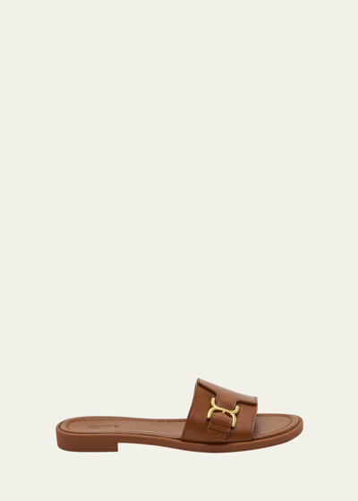 Shop Chloé Marcie Leather Buckle Flat Sandals In Caramello