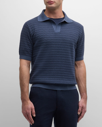 Shop Isaia Men's Jacquard Polo Sweater In Medium Blue