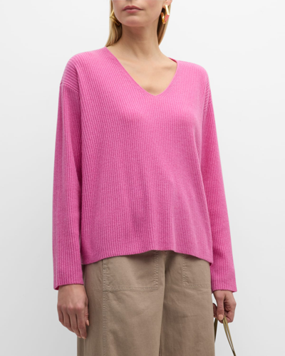 Shop Eileen Fisher Ribbed V-neck Cashmere Sweater In Tulip