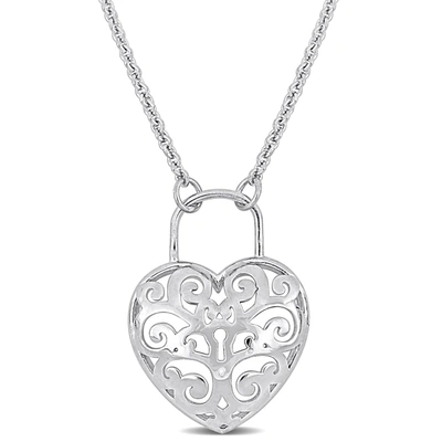 Mimi & Max Heart Lock Necklace With Chain In Sterling Silver - 16+3 In In White