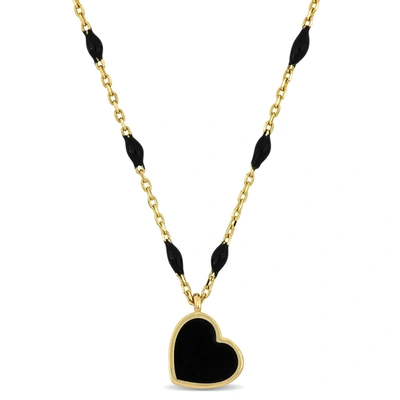 Mimi & Max Black Enamel Heart Station Necklace In 14k Yellow Gold - 16+2 In In Black