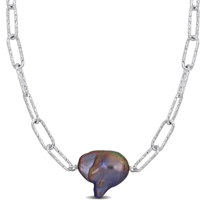 Mimi & Max 13-14mm Grey Cultured Freshwater Baroque Pearl Paperclip Necklace In Sterling Silver - 16+2 In In Grey