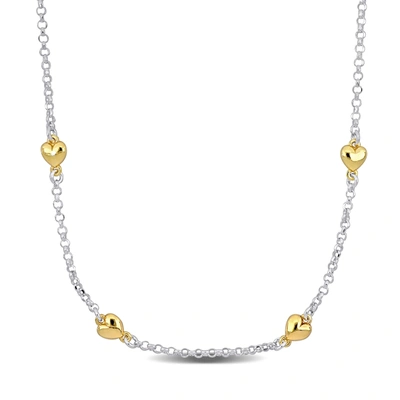 Mimi & Max Four Heart Charm Station Necklace In Two-tone Yellow And White Sterling Silver-16.5+1 In In Multi