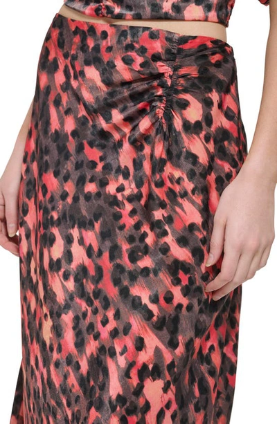 Shop Dkny Ruched Print Satin Maxi Skirt In Persimmon Multi