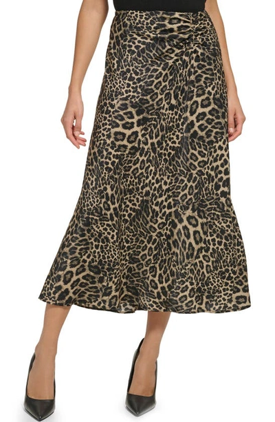 Shop Dkny Ruched Print Satin Maxi Skirt In Safari Khaki/ Black
