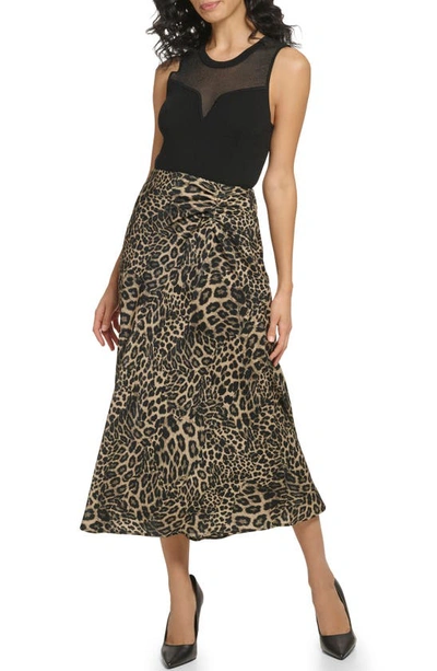 Shop Dkny Ruched Print Satin Maxi Skirt In Safari Khaki/ Black