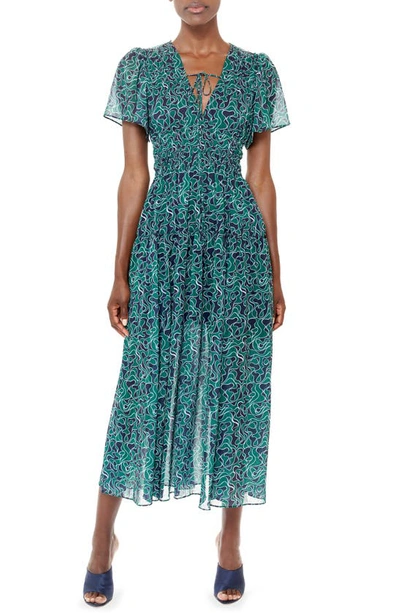 Shop La Ligne Smocked Flutter Sleeve Midi Dress In Navy/ Forest Green/ Pale Blue