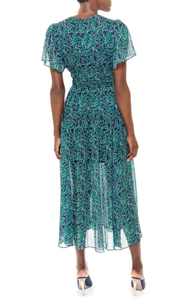 La Ligne Smocked Flutter Sleeve Midi Dress In Navy/ Forest Green/ Pale Blue