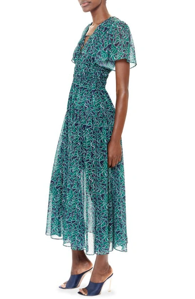 La Ligne Smocked Flutter Sleeve Midi Dress In Navy/ Forest Green/ Pale Blue