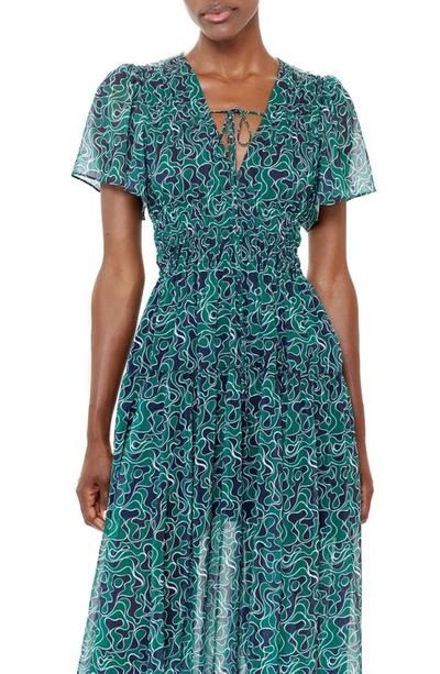 La Ligne Smocked Flutter Sleeve Midi Dress In Navy/ Forest Green/ Pale Blue
