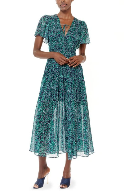 La Ligne Smocked Flutter Sleeve Midi Dress In Navy/ Forest Green/ Pale Blue