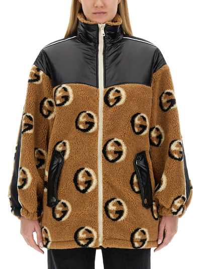 Shop Gucci Fleece Jacquard Zipper Jacket In Beige