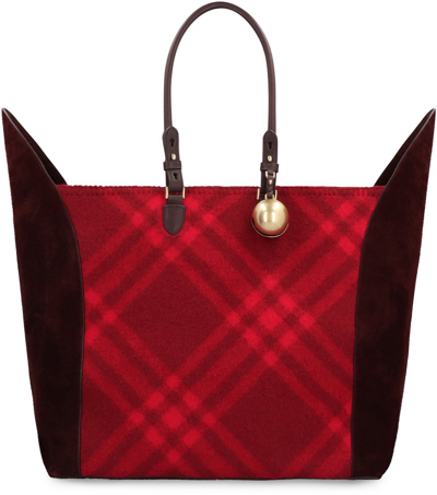 Shop Burberry Large Shield Checked Panelled Top Handle Bag In Red