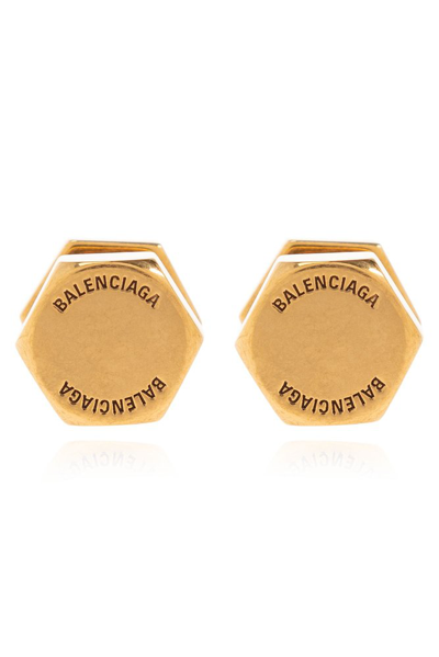 Shop Balenciaga Garage Logo Engraved Earrings In Gold