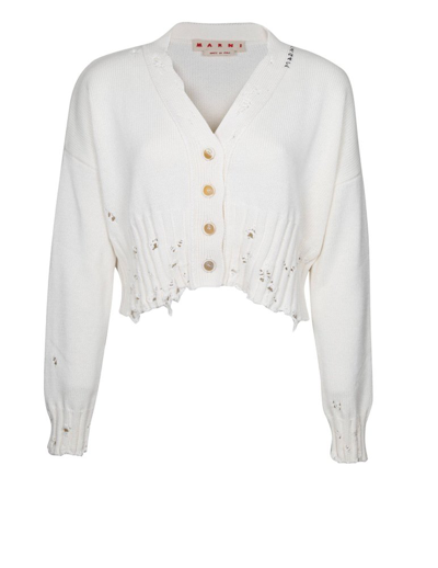 Shop Marni Cropped Distressed Cardigan In White