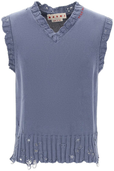 Shop Marni Logo Printed Collar Ripped Vest In Blue