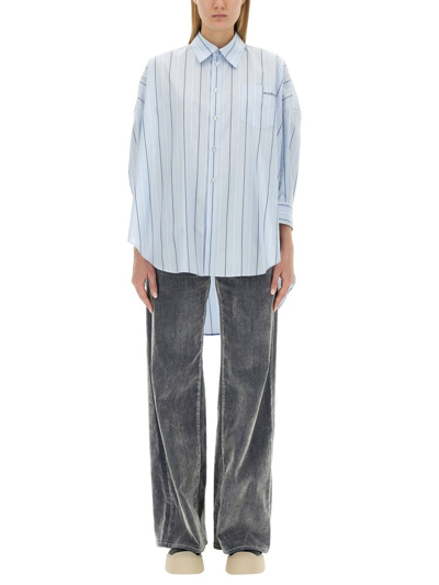 Shop Marni Logo Embroidered Striped Shirt In Blue