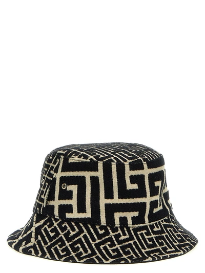 Shop Balmain 'monogram' Bucket Hat In White/black