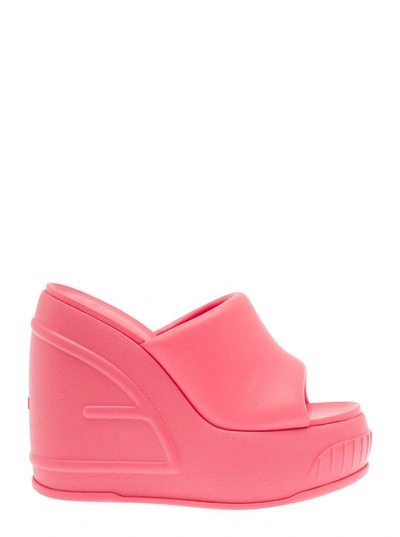 Shop Fendi Pink Platform Slides With Embossed Oversized Ff Pattern In Leather Woman