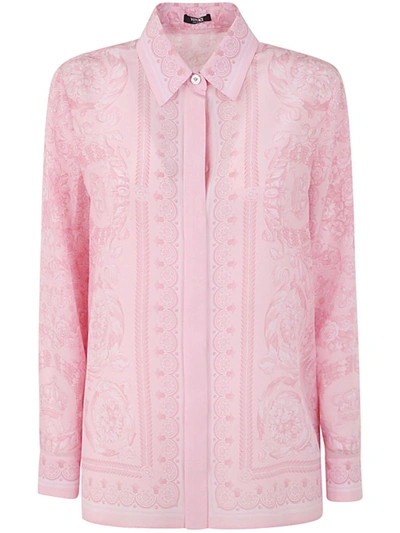 Shop Versace Formal Shirt Baroque Print Crepe De Chine Fabric Clothing In Pink & Purple