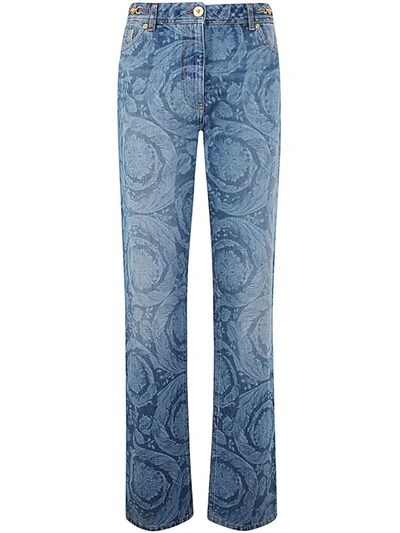Shop Versace Pant Denim Laser Stone Wash Baroque Series Denim Fabric With Special Treatment Clothing In Blue