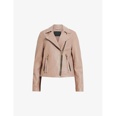 Shop Allsaints Women's Earth Pink Dalby Stud-embellished Leather Biker Jacket