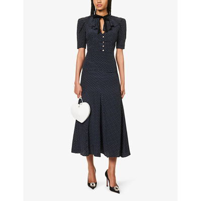 Shop Alessandra Rich Polka-dot Patterned Bow-embellished Silk Maxi Dress In Navy Blue-white