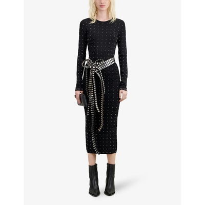 Shop The Kooples Women's Black Spike-embellishment Stretch-woven Midi Dress