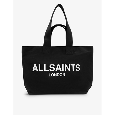 Shop Allsaints Women's Black/white Ali Logo-print Cotton-canvas Tote Bag