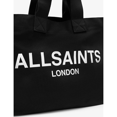 Shop Allsaints Women's Black/white Ali Logo-print Cotton-canvas Tote Bag